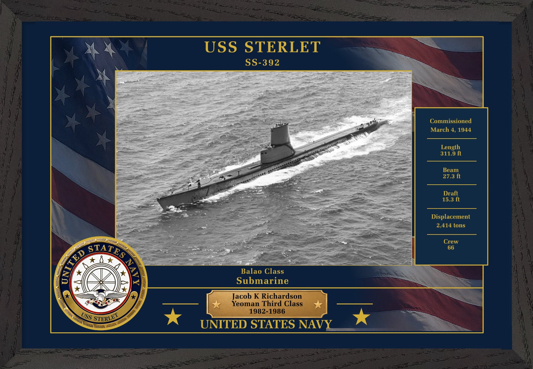 USS Sterlet SS-392 Framed Patriotic Photo
