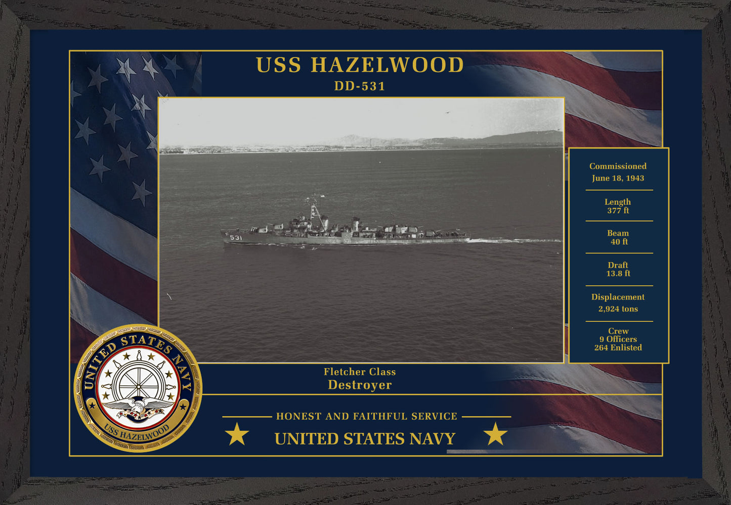 USS Hazelwood DD-531 Framed Patriotic Photo