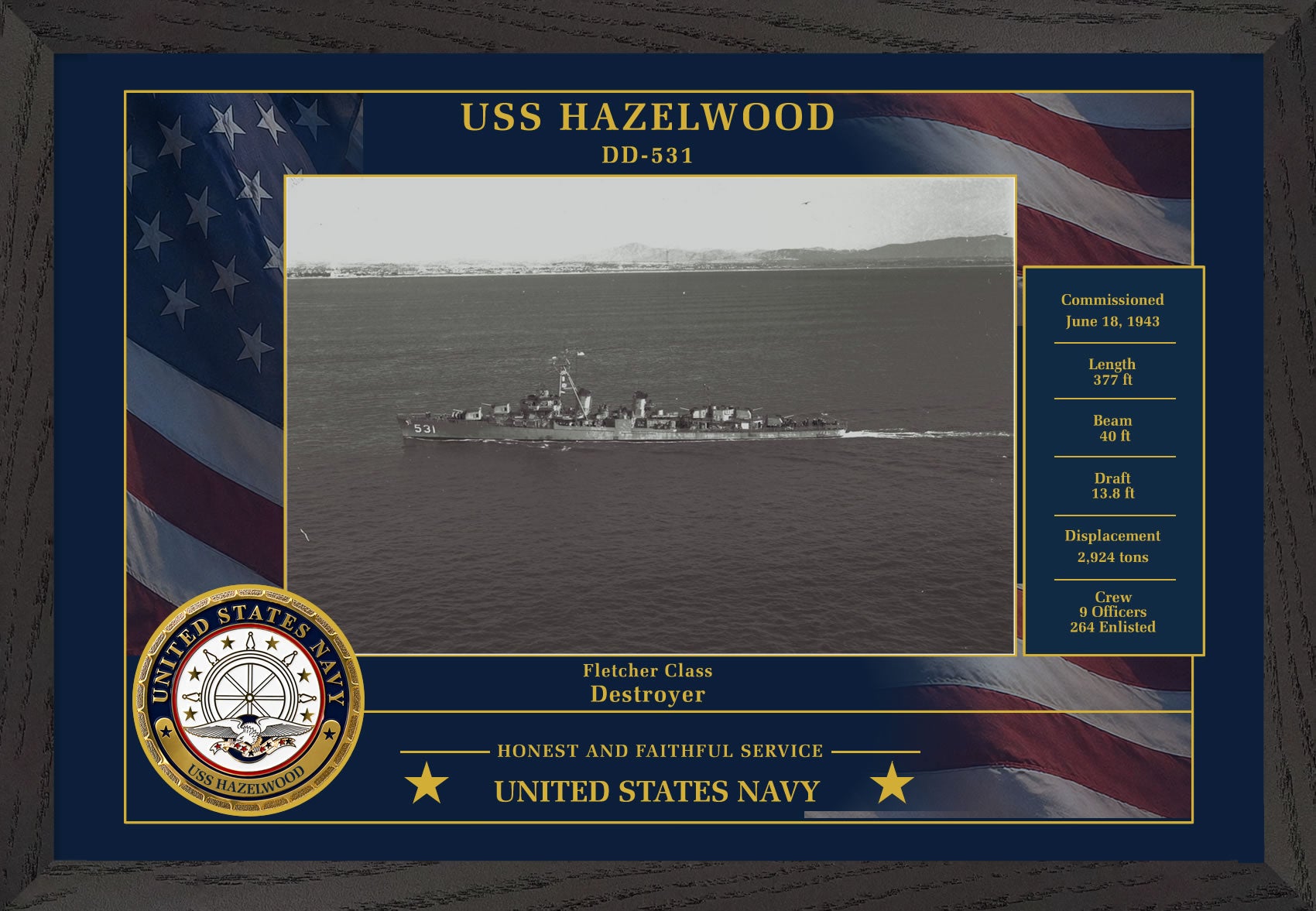 USS Hazelwood DD-531 Framed Patriotic Photo