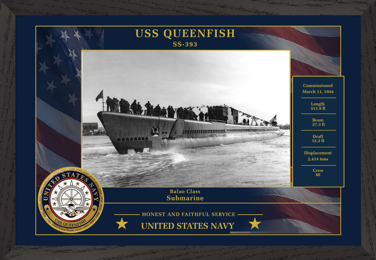 USS Queenfish SS-393 Framed Patriotic Photo