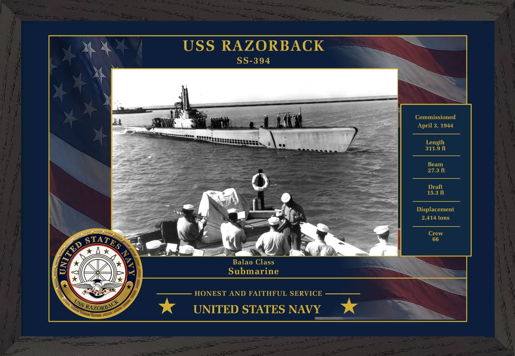 USS Razorback SS-394 Framed Patriotic Photo