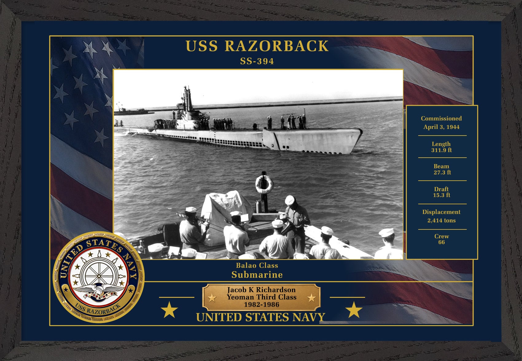 USS Razorback SS-394 Framed Patriotic Photo