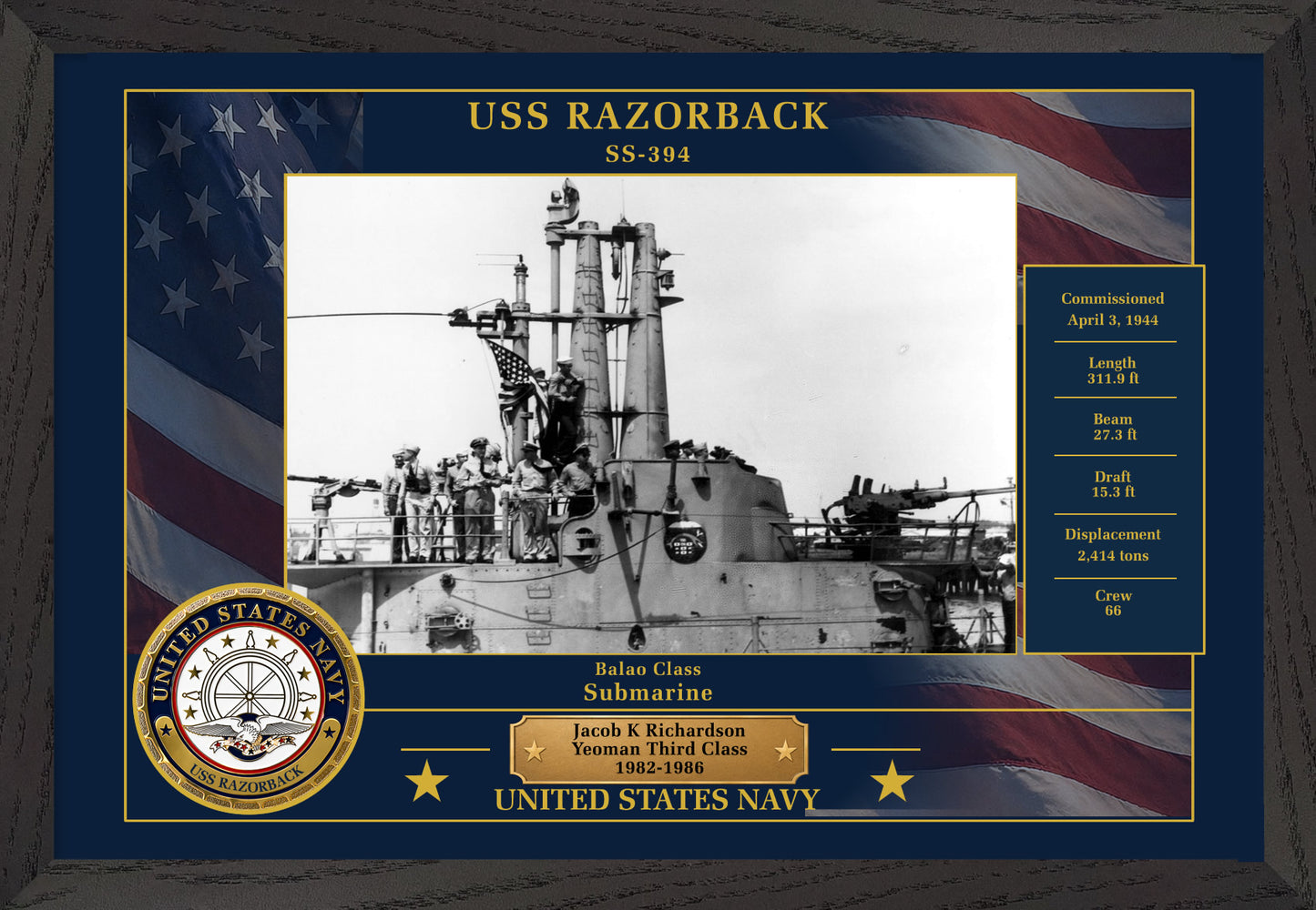 USS Razorback SS-394 Framed Patriotic Photo
