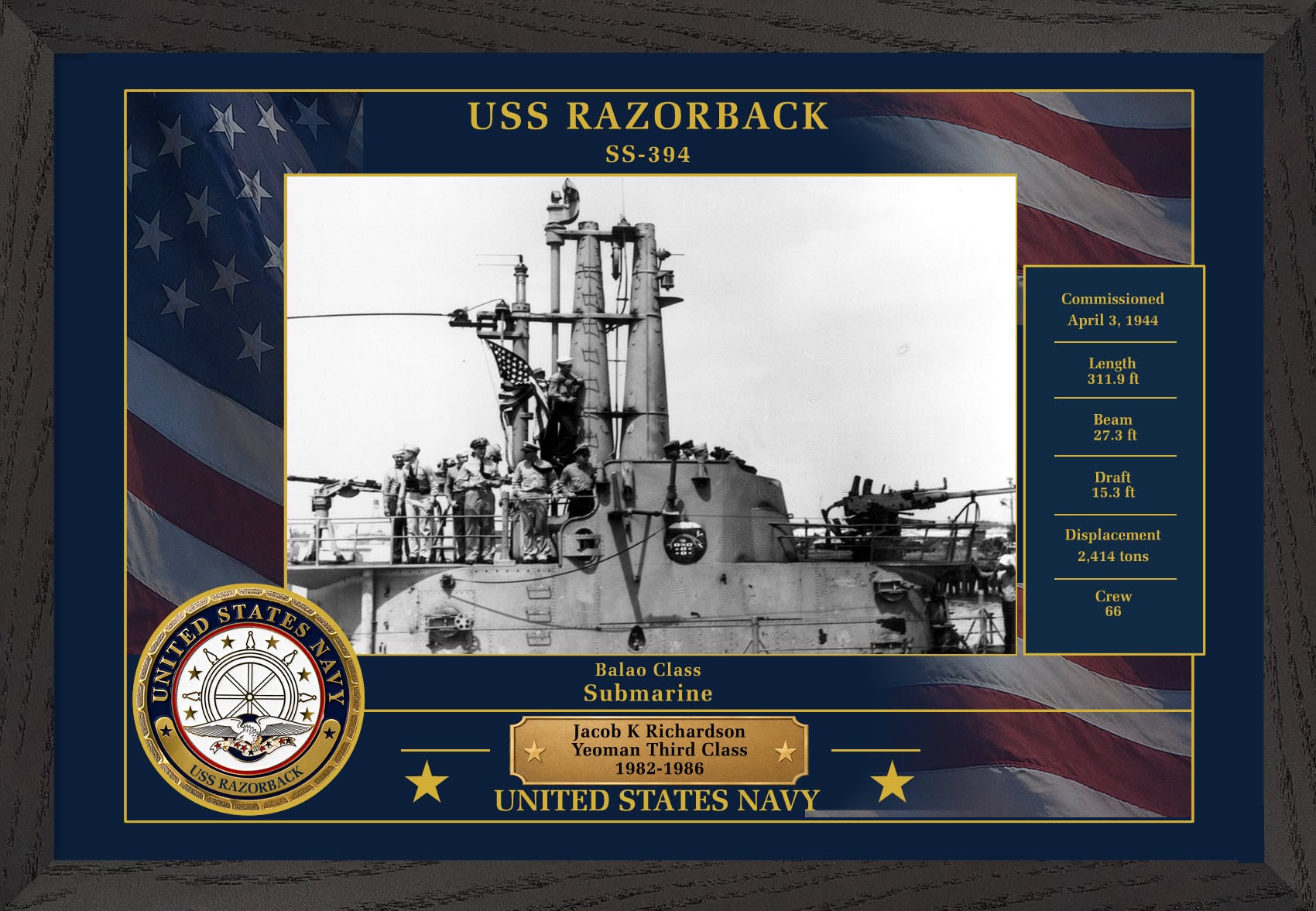 USS Razorback SS-394 Framed Patriotic Photo