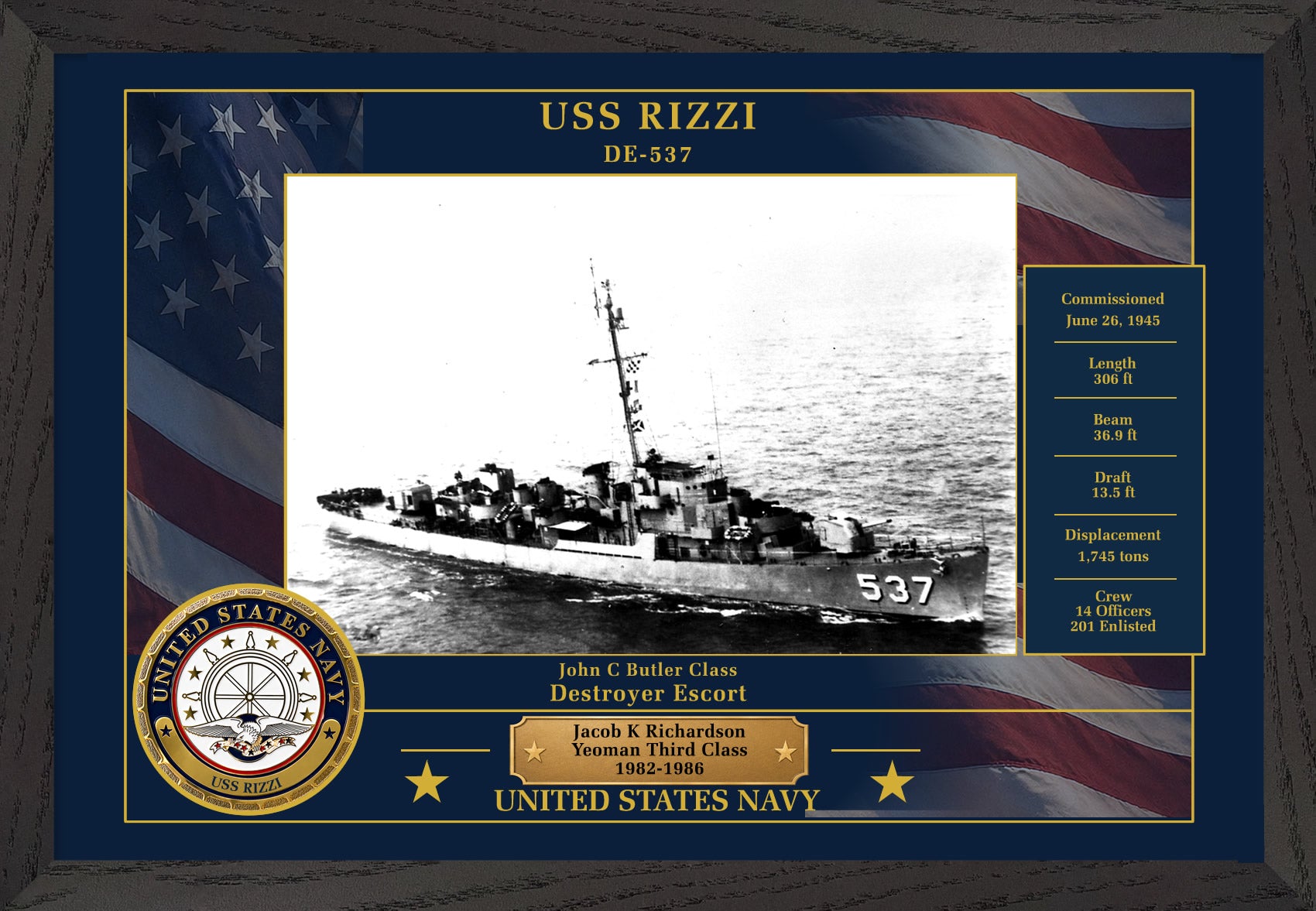 USS Rizzi DE-537 Framed Patriotic Photo