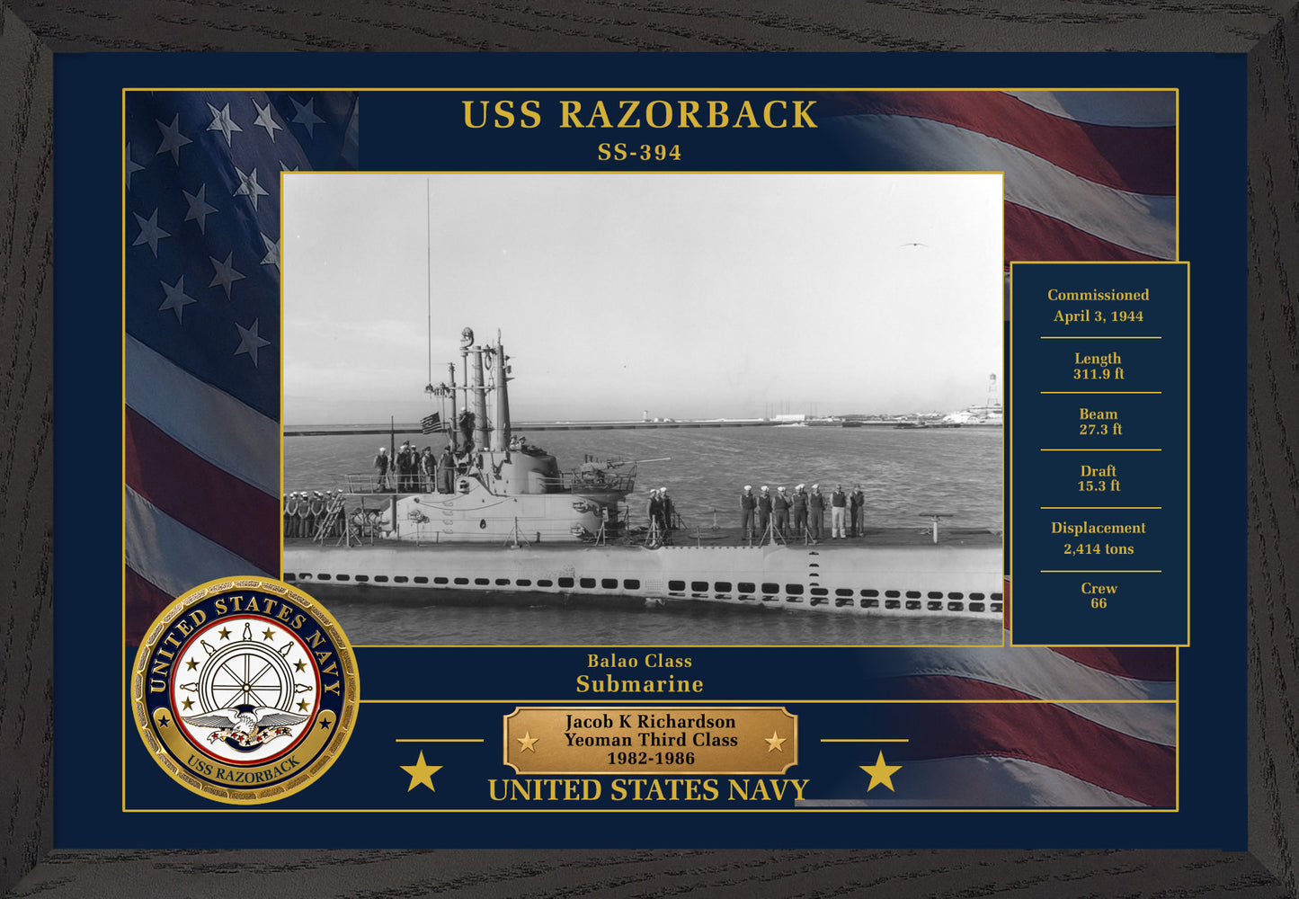 USS Razorback SS-394 Framed Patriotic Photo
