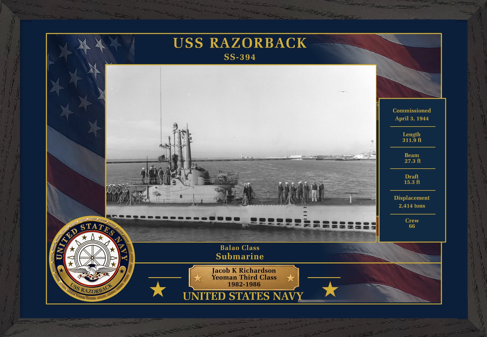 USS Razorback SS-394 Framed Patriotic Photo