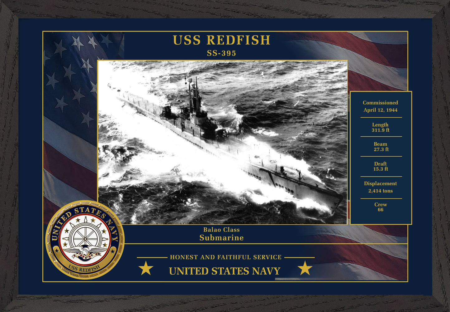 USS Redfish SS-395 Framed Patriotic Photo