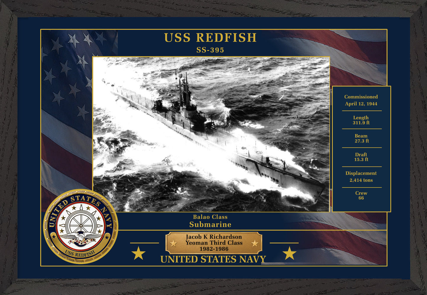 USS Redfish SS-395 Framed Patriotic Photo