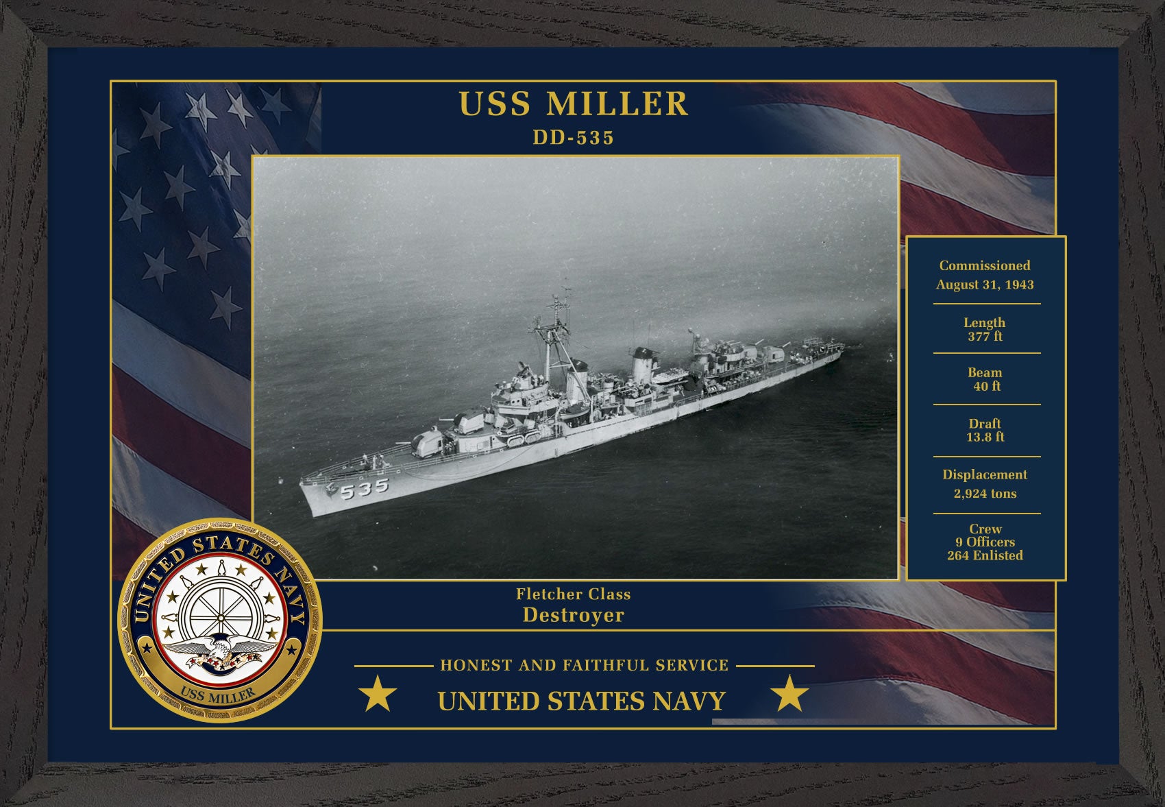 USS Miller DD-535 Framed Patriotic Photo