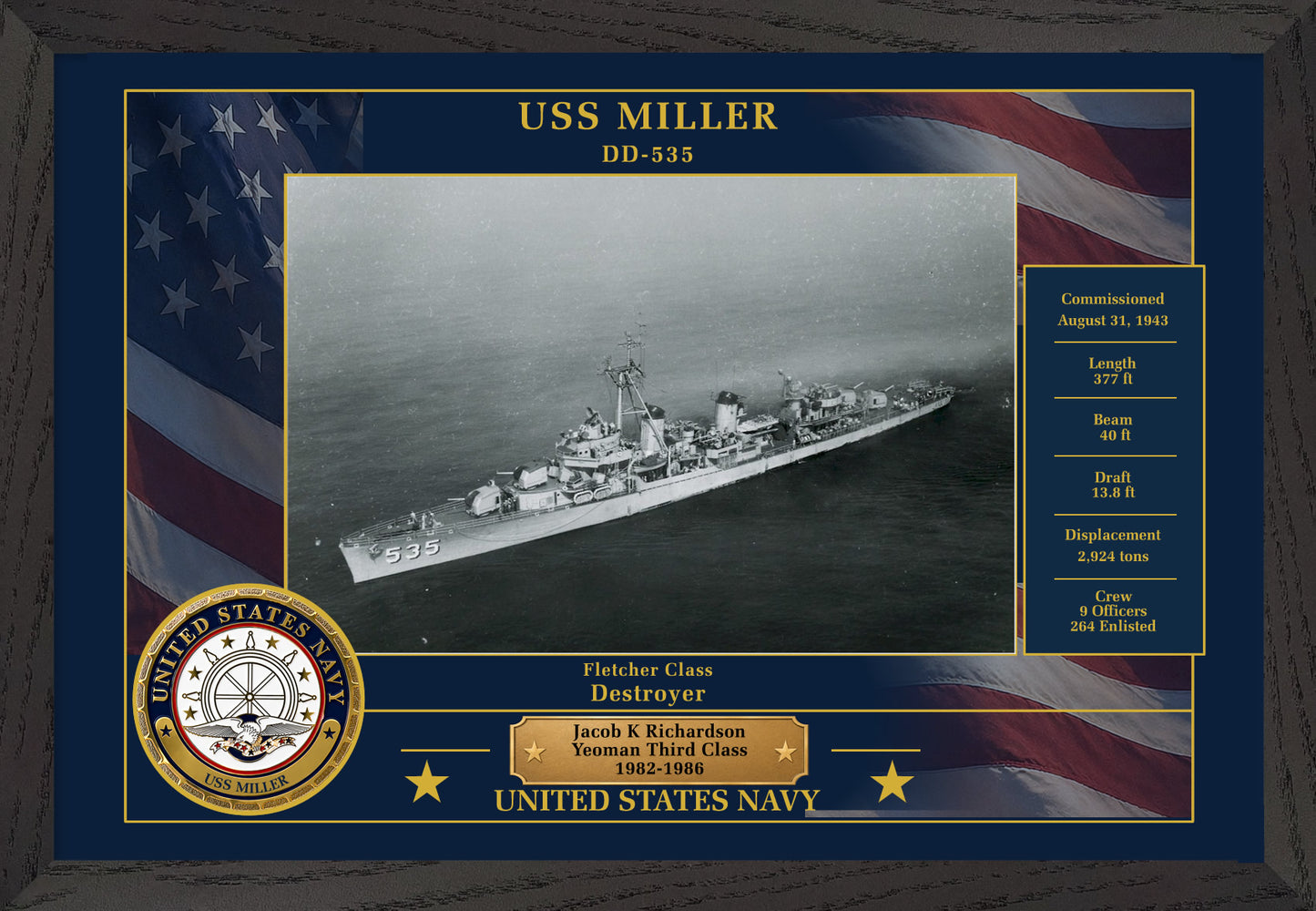 USS Miller DD-535 Framed Patriotic Photo