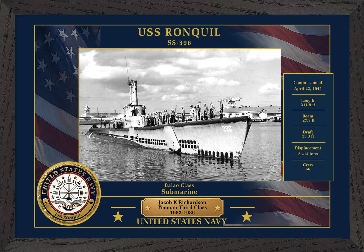 USS Ronquil SS-396 Framed Patriotic Photo