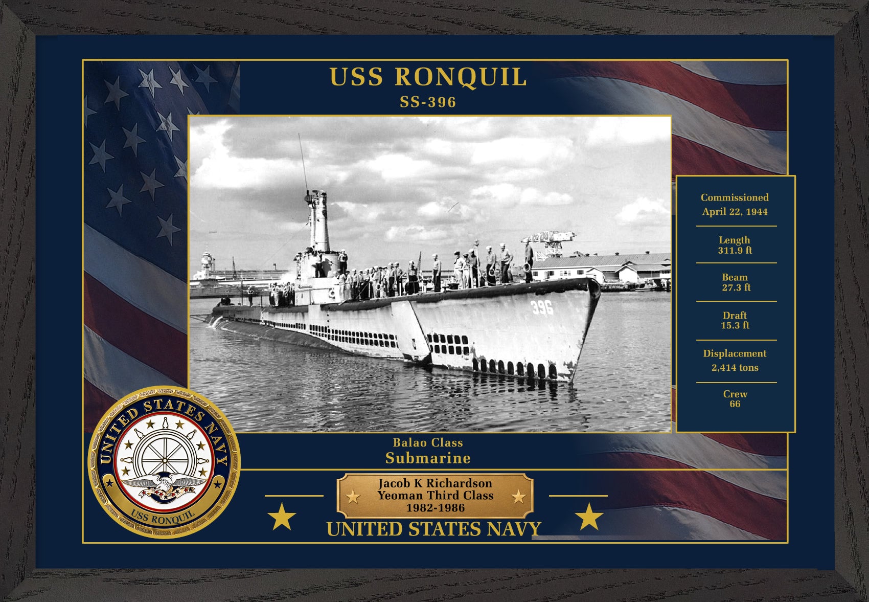 USS Ronquil SS-396 Framed Patriotic Photo