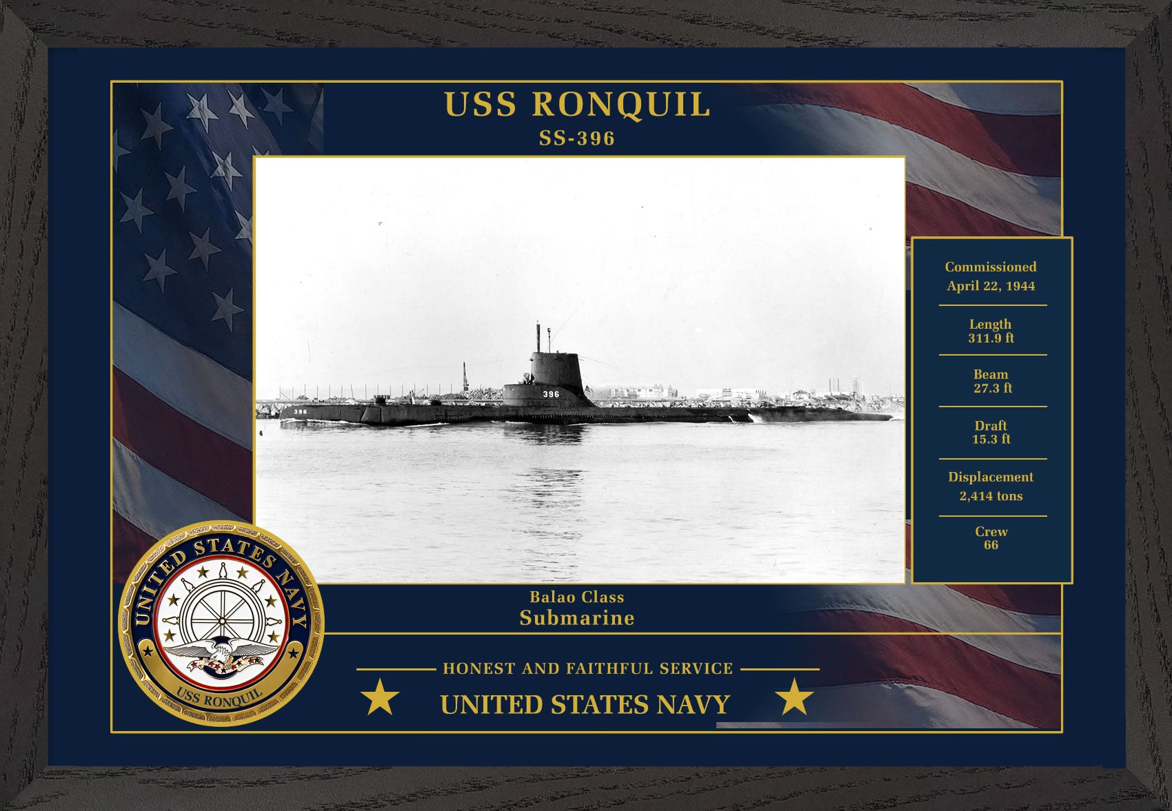 USS Ronquil SS-396 Framed Patriotic Photo