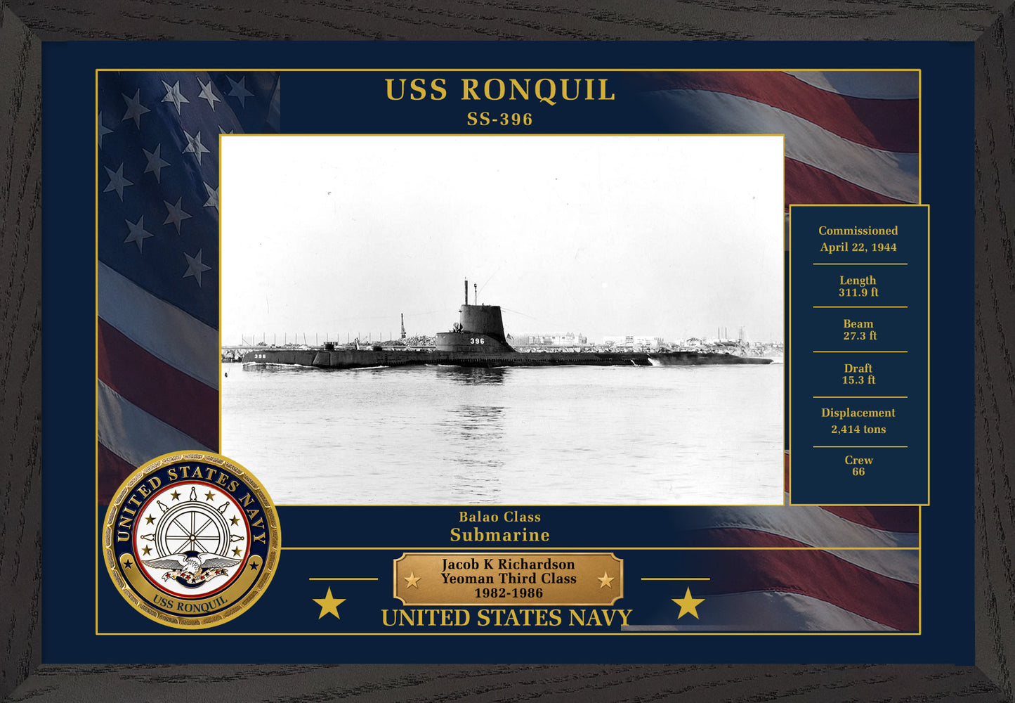 USS Ronquil SS-396 Framed Patriotic Photo