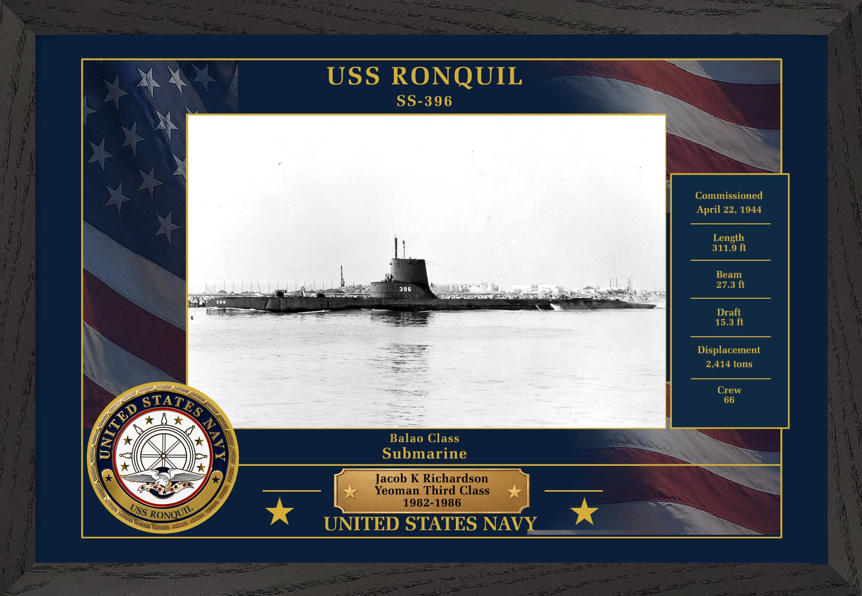 USS Ronquil SS-396 Framed Patriotic Photo