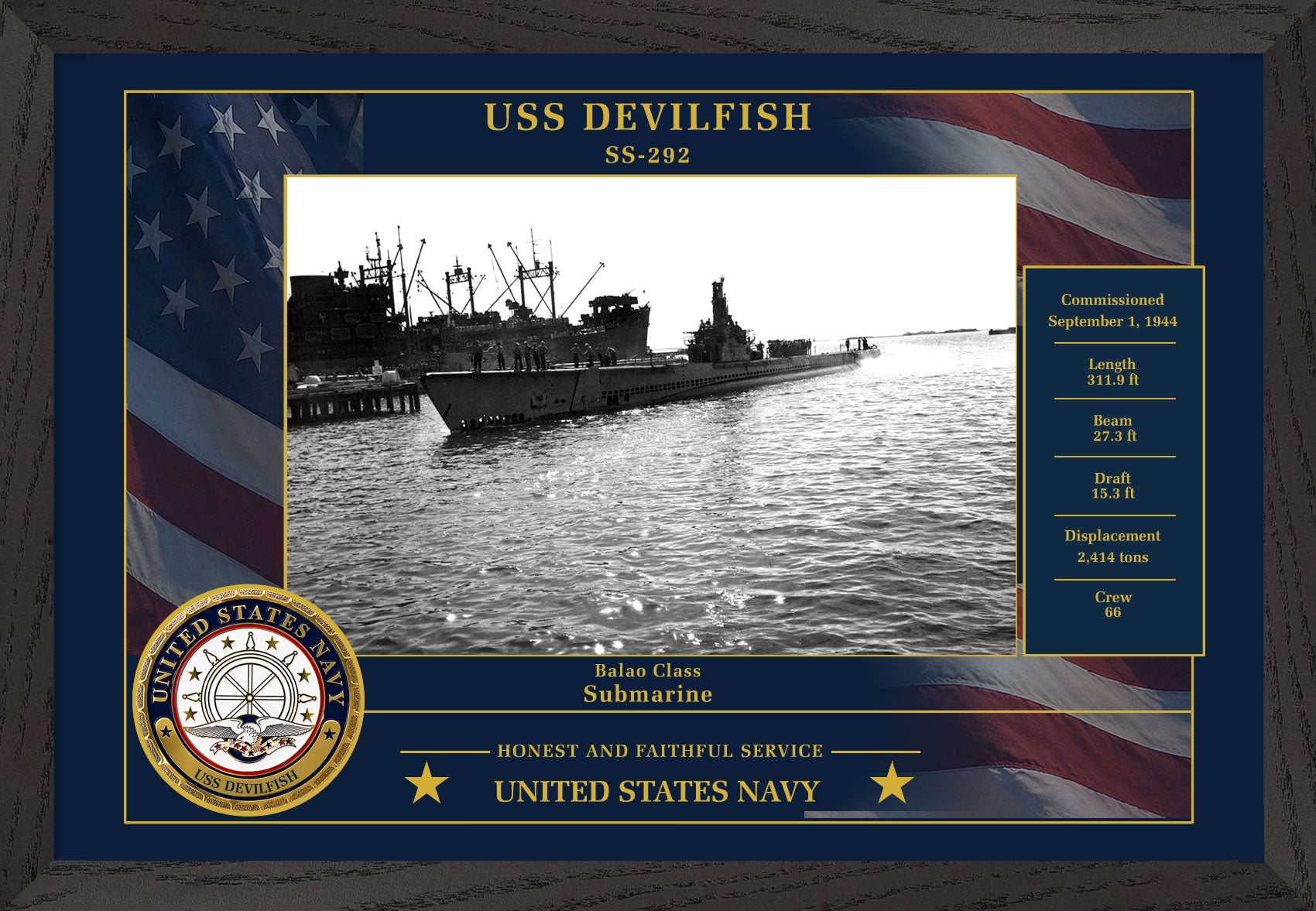 USS Devilfish SS-292 Framed Patriotic Photo