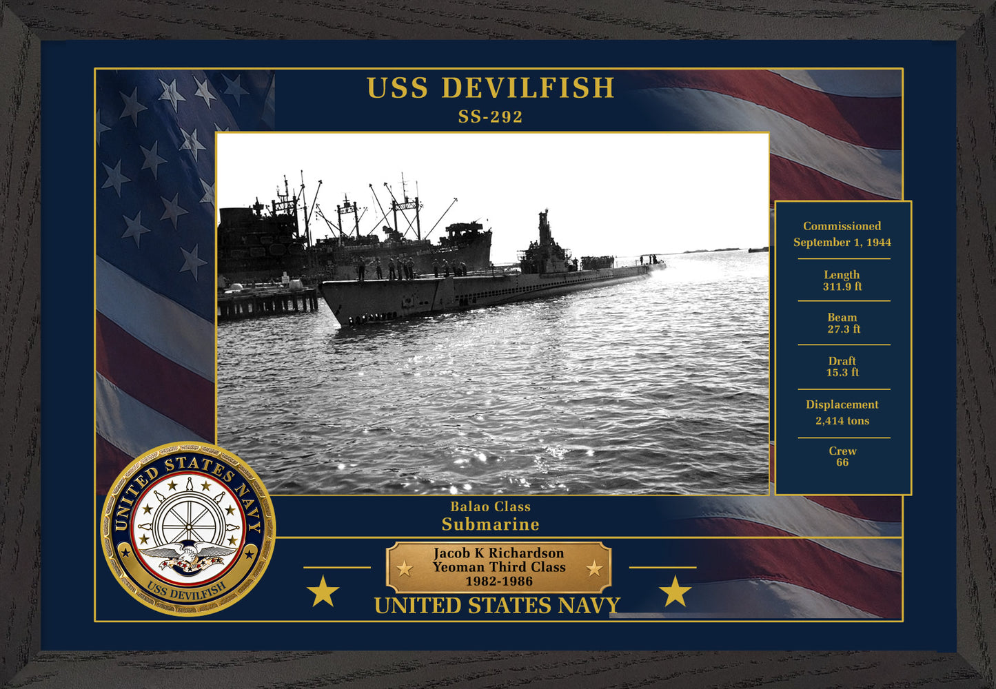 USS Devilfish SS-292 Framed Patriotic Photo