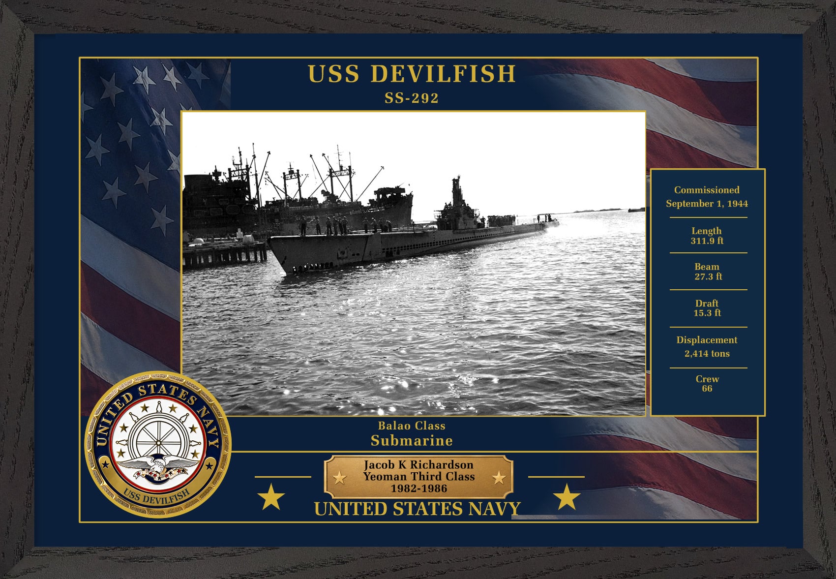 USS Devilfish SS-292 Framed Patriotic Photo