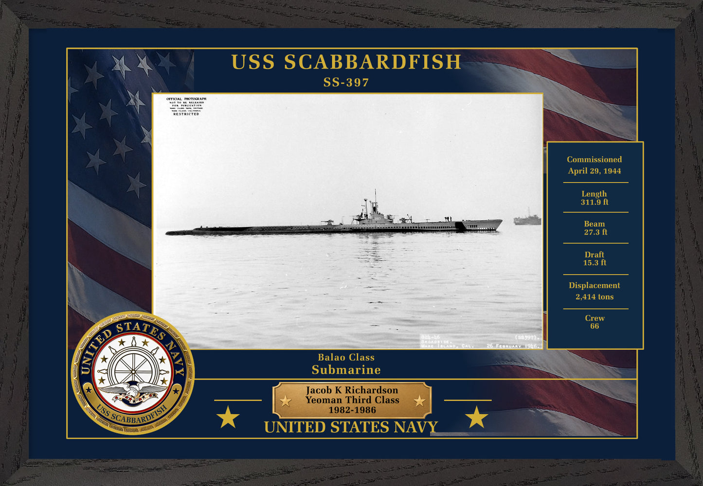 USS Scabbardfish SS-397 Framed Patriotic Photo