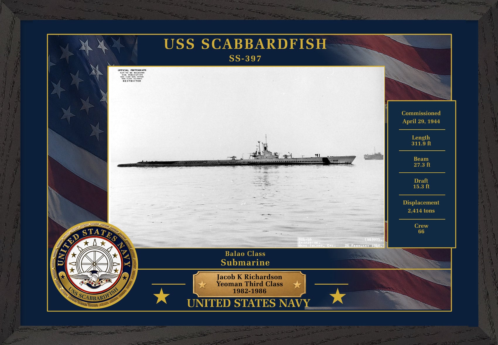USS Scabbardfish SS-397 Framed Patriotic Photo