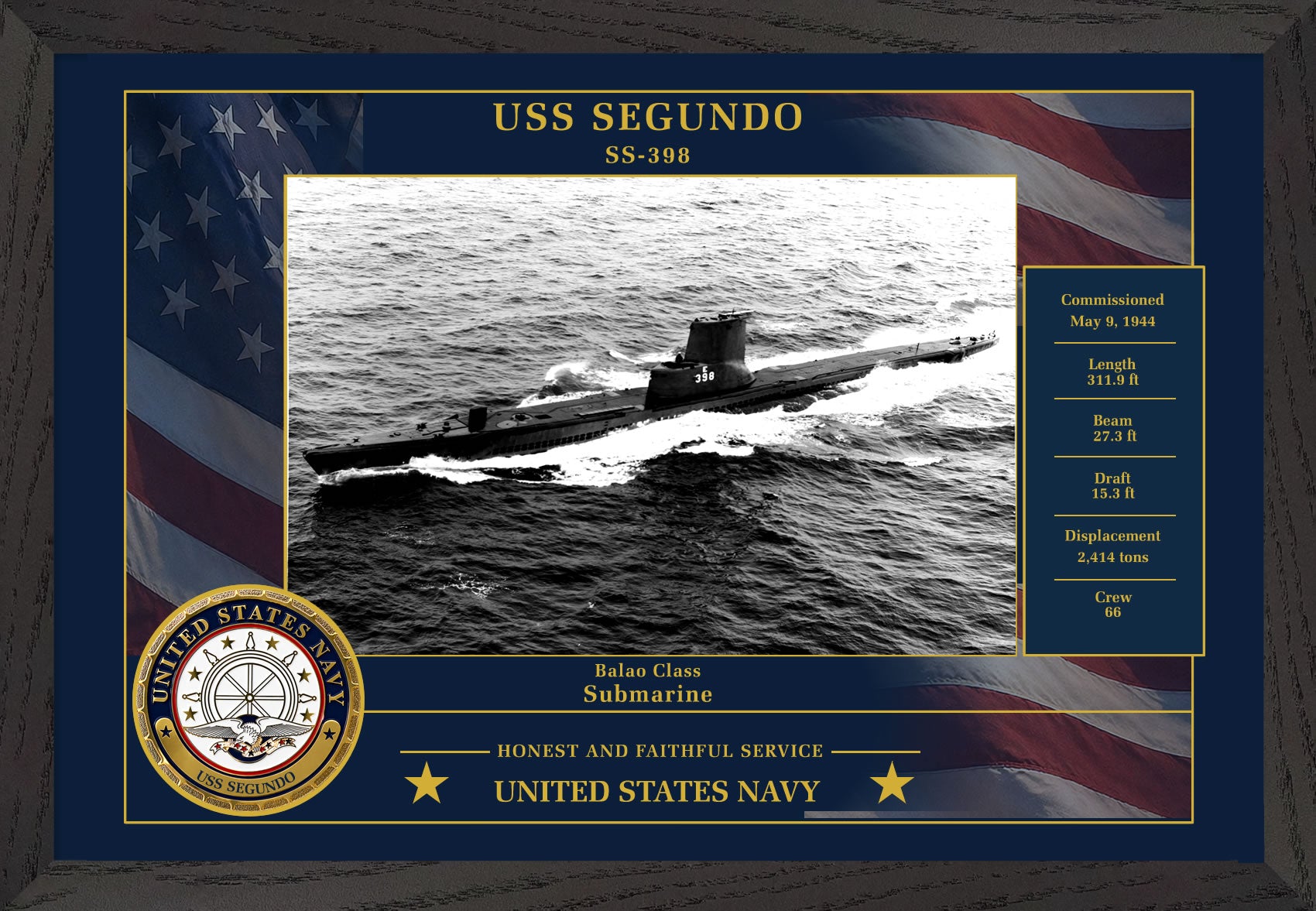USS Segundo SS-398 Framed Patriotic Photo