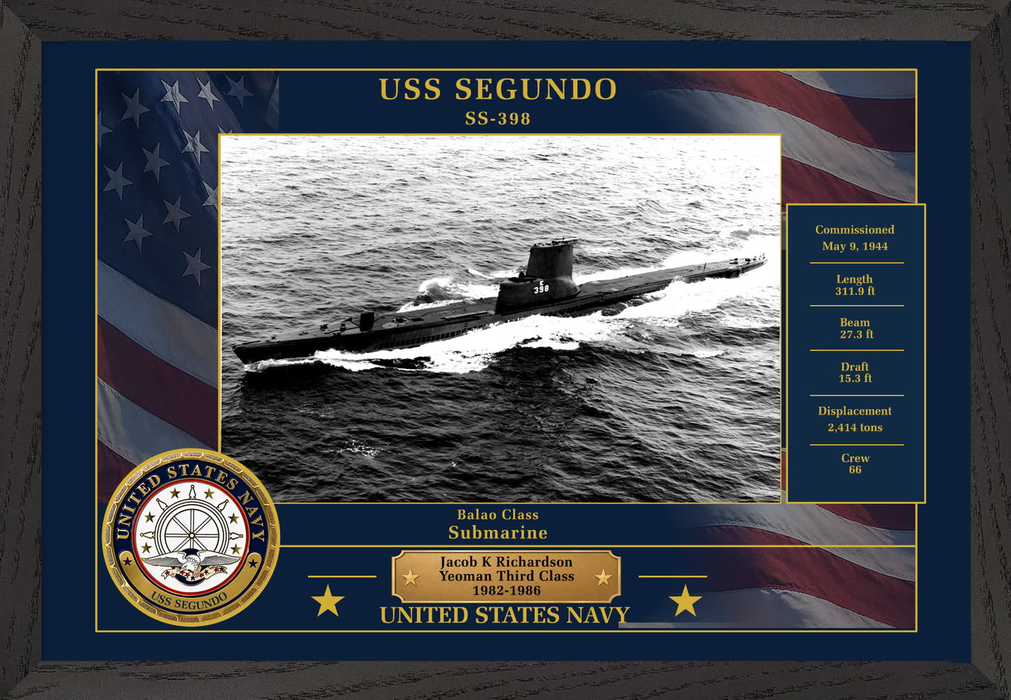 USS Segundo SS-398 Framed Patriotic Photo