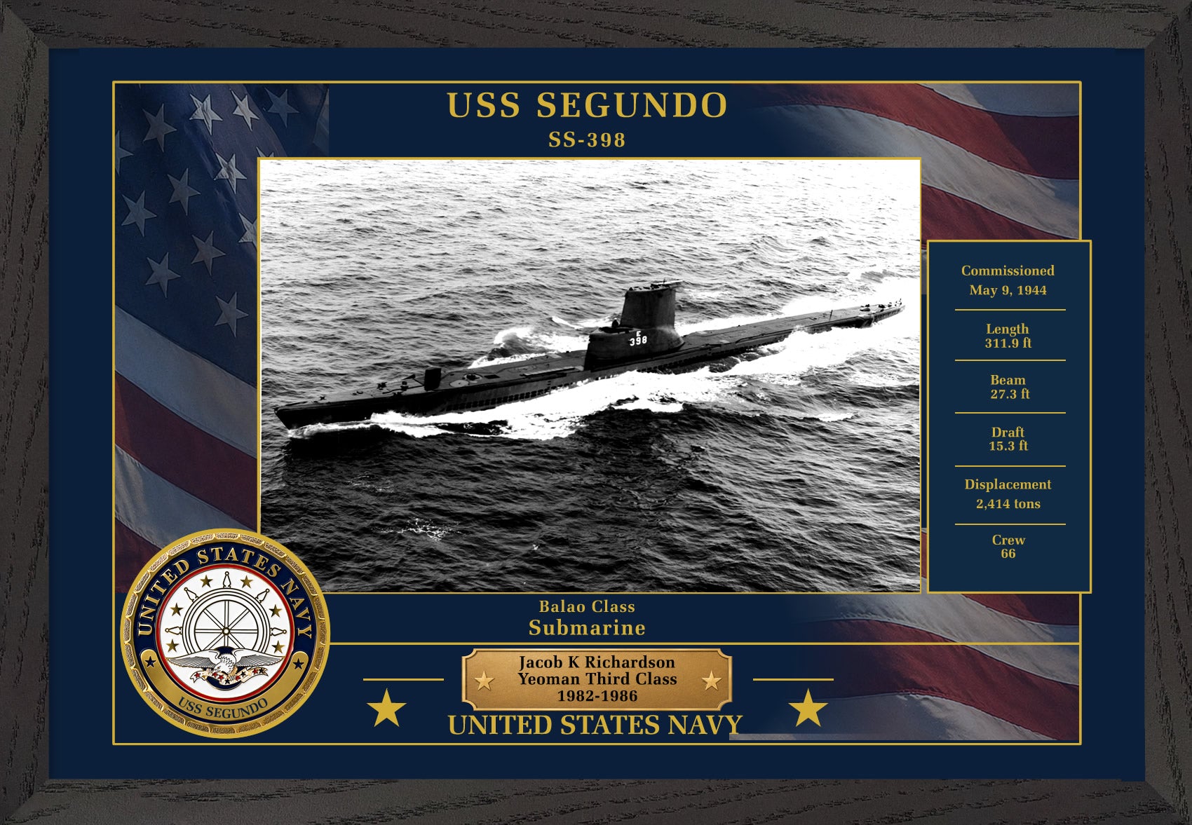 USS Segundo SS-398 Framed Patriotic Photo