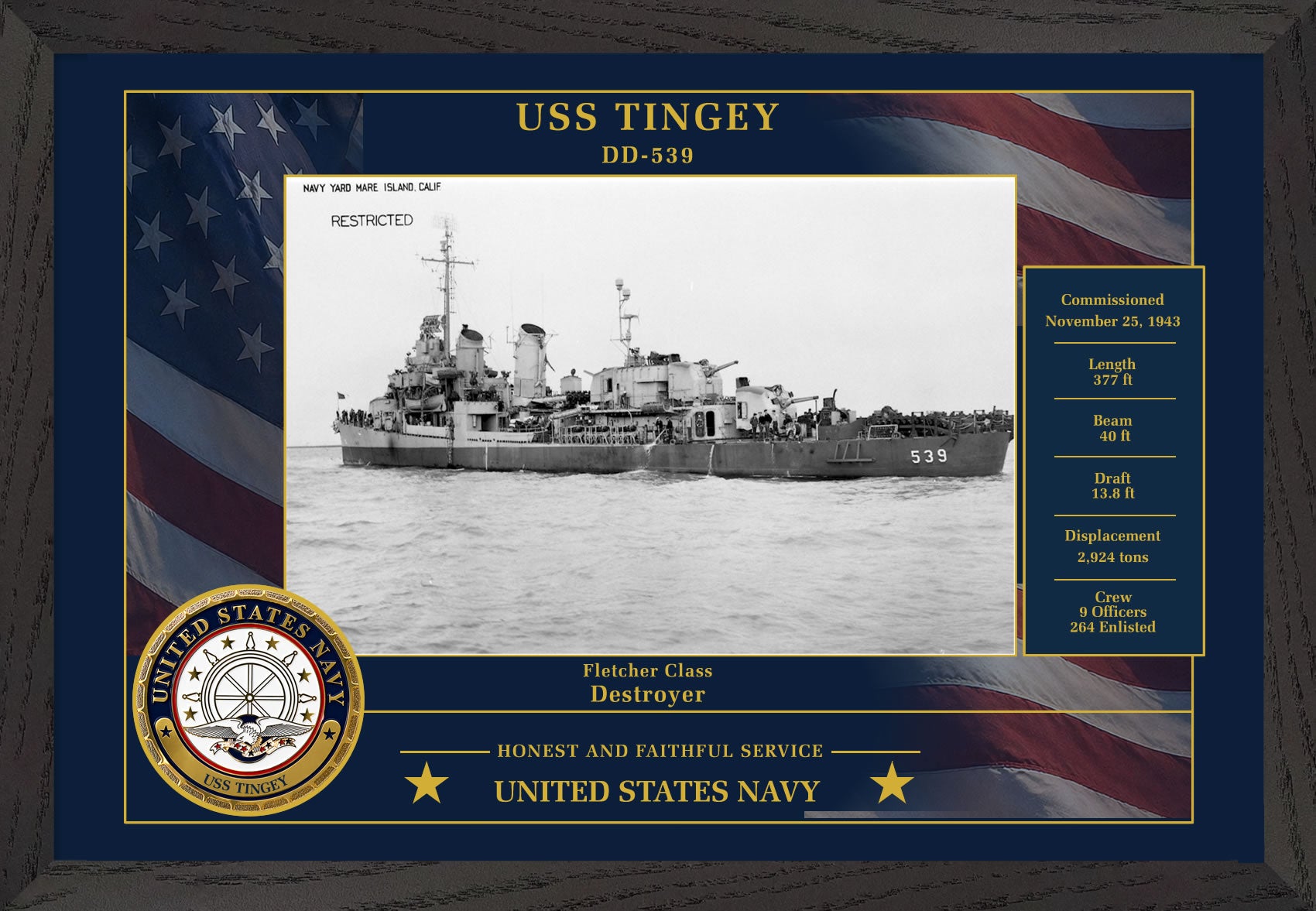 USS Tingey DD-539 Framed Patriotic Photo