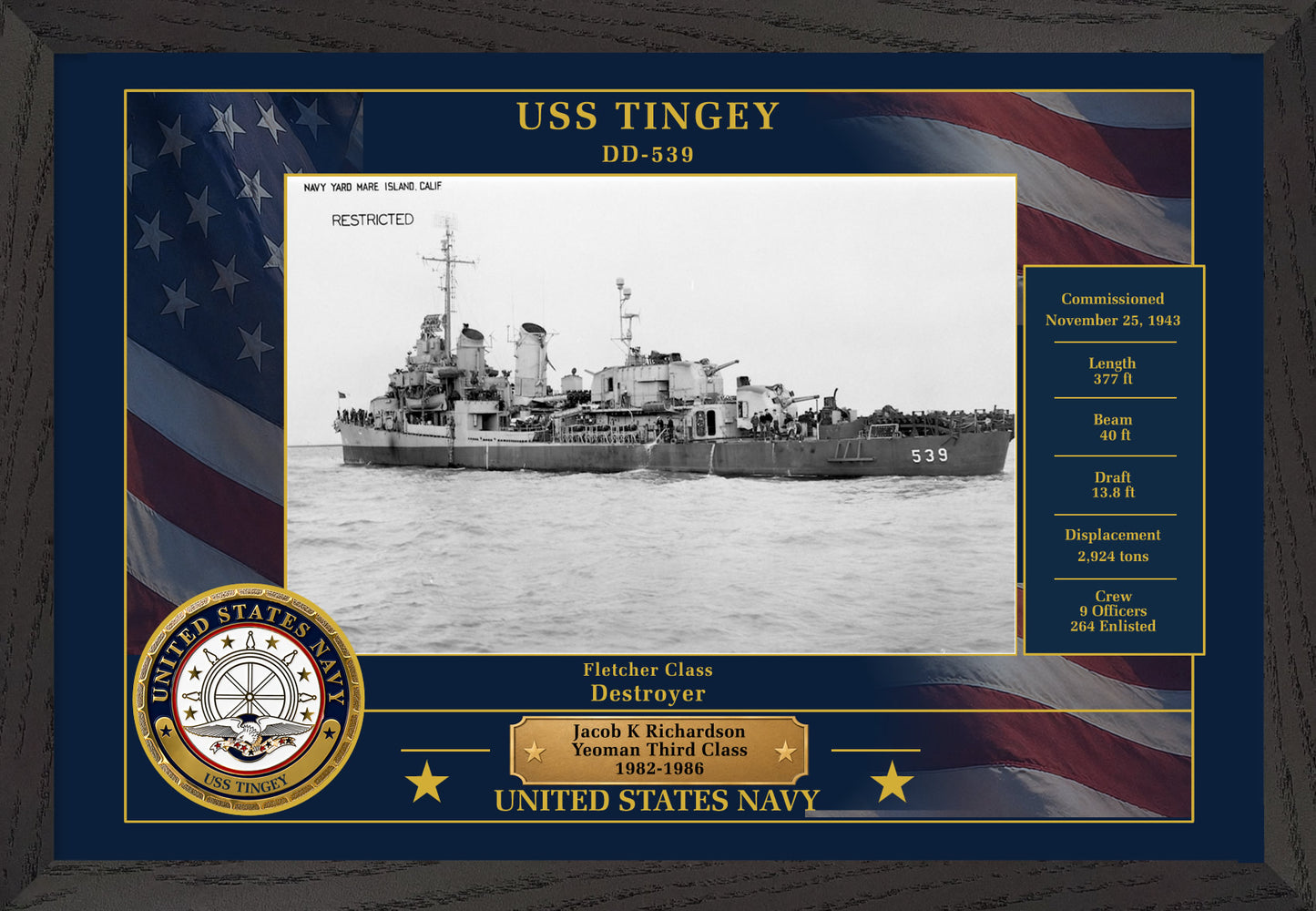 USS Tingey DD-539 Framed Patriotic Photo