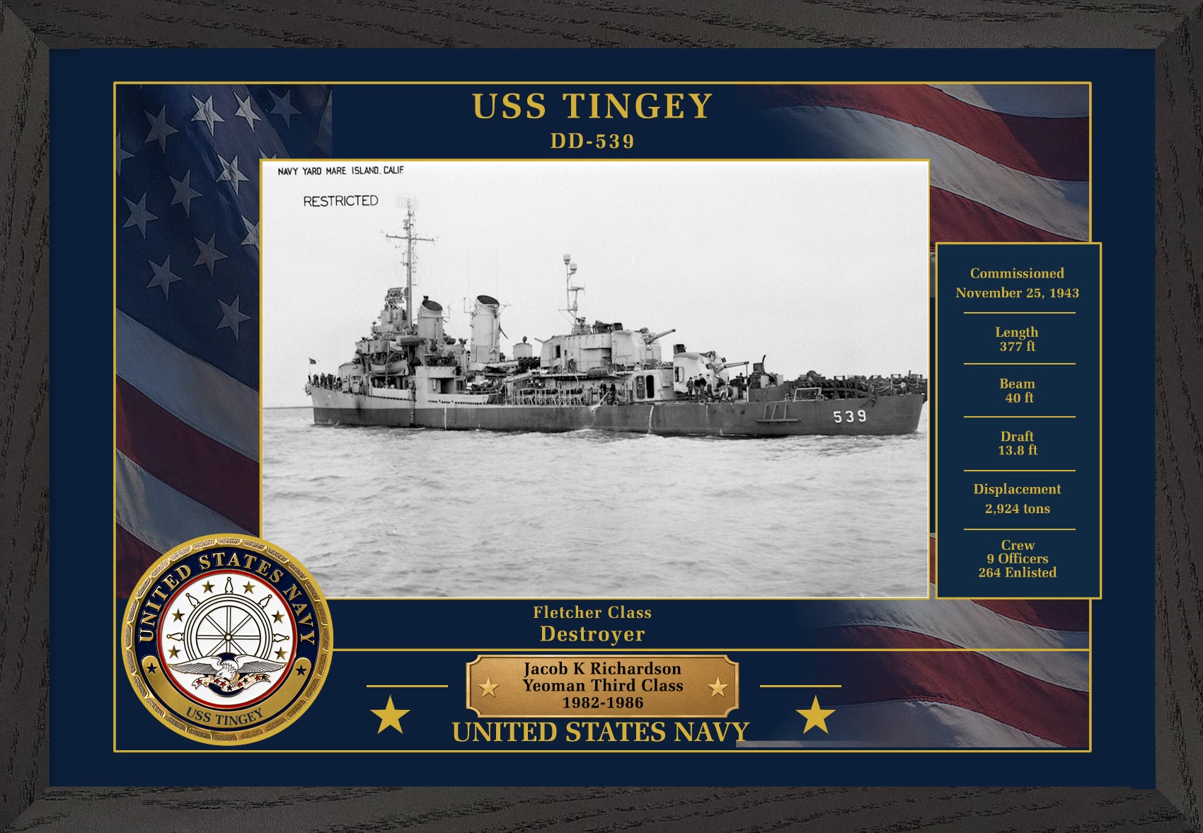 USS Tingey DD-539 Framed Patriotic Photo