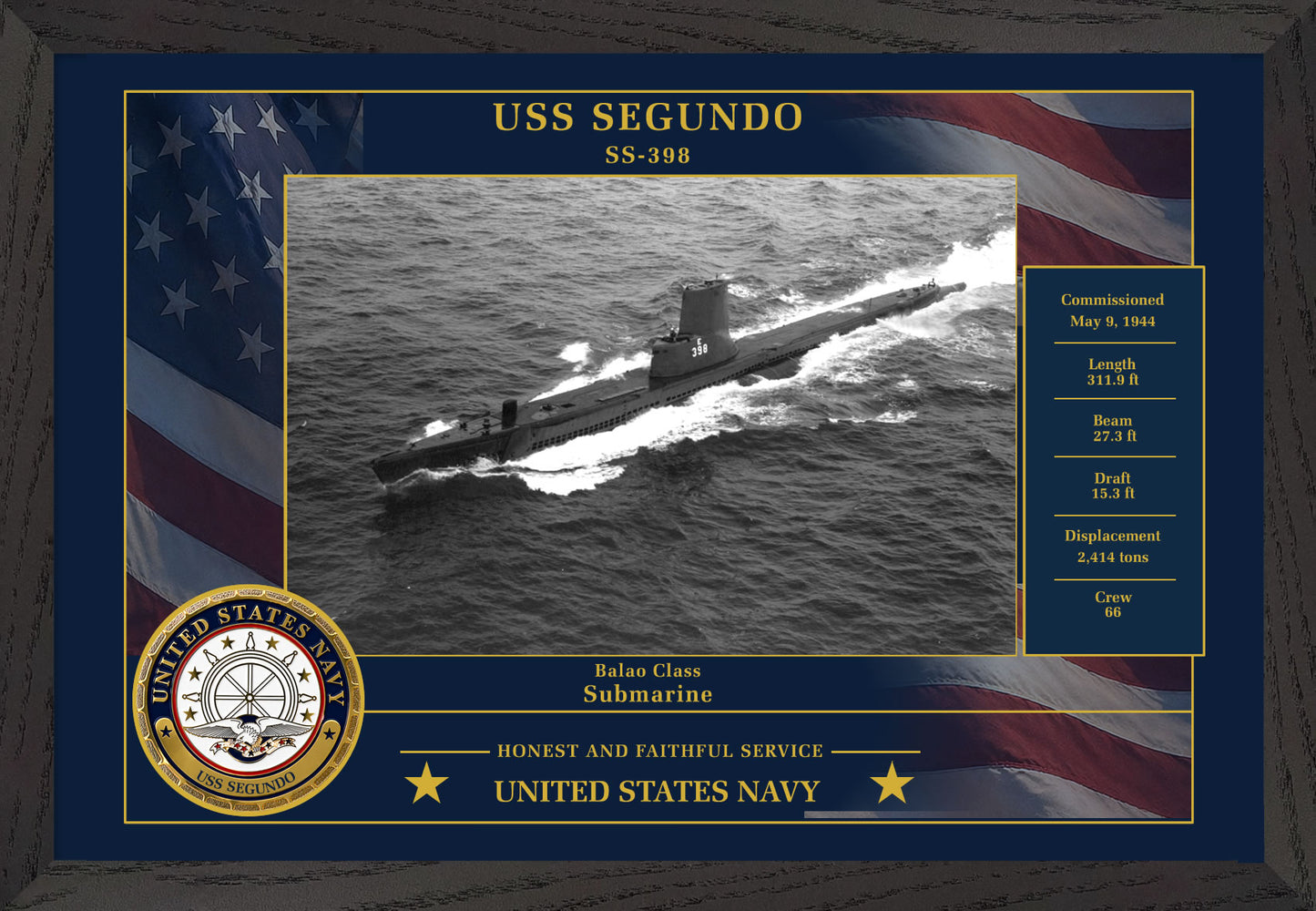 USS Segundo SS-398 Framed Patriotic Photo