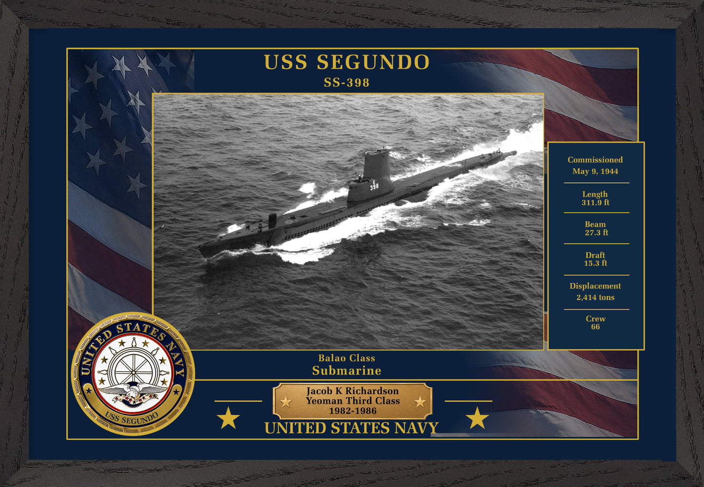 USS Segundo SS-398 Framed Patriotic Photo