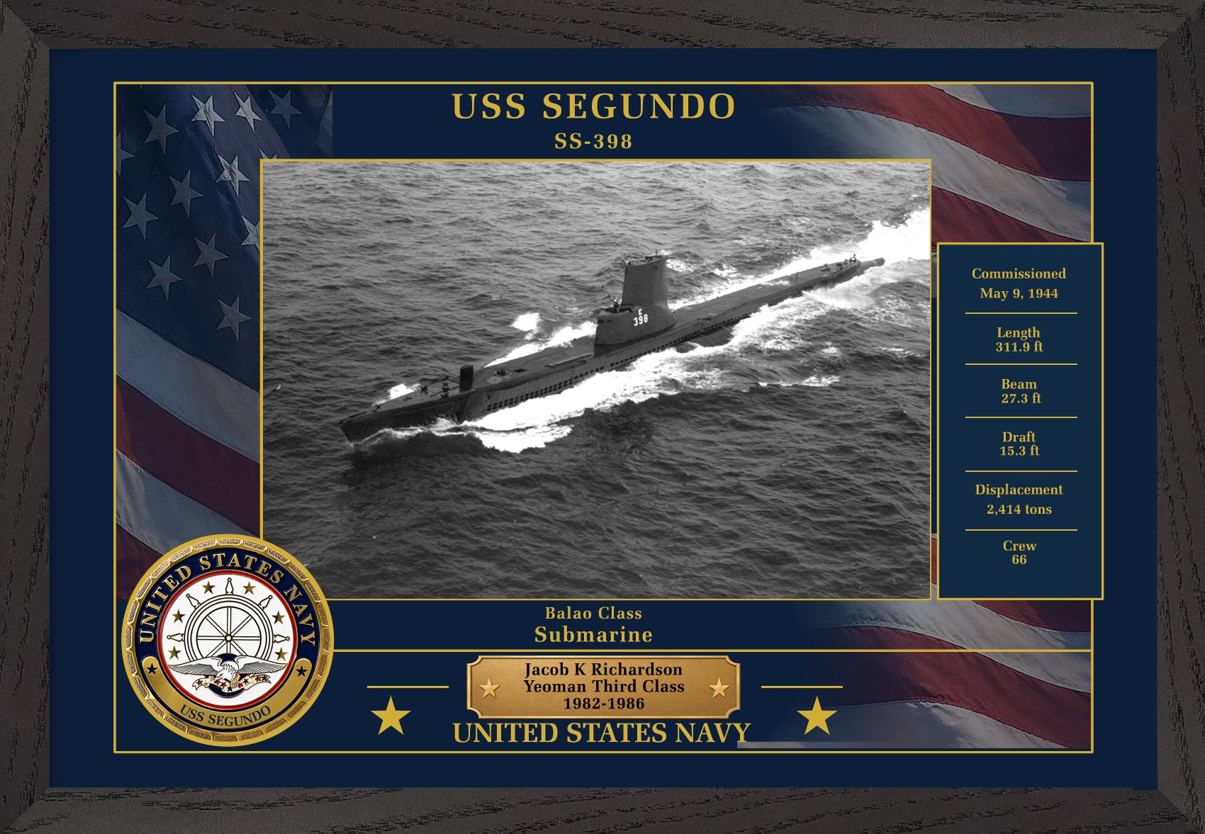 USS Segundo SS-398 Framed Patriotic Photo