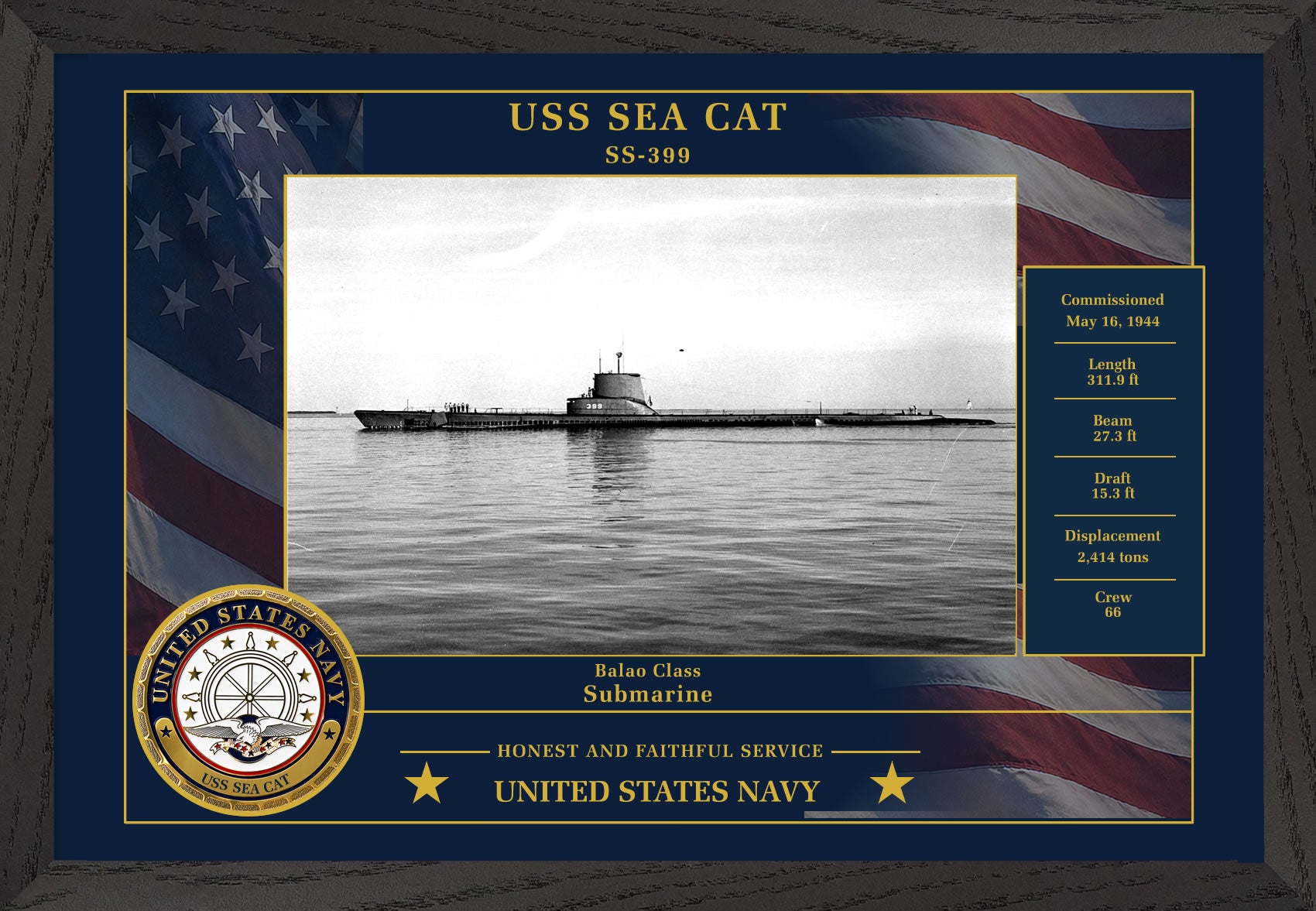 USS Sea Cat SS-399 Framed Patriotic Photo