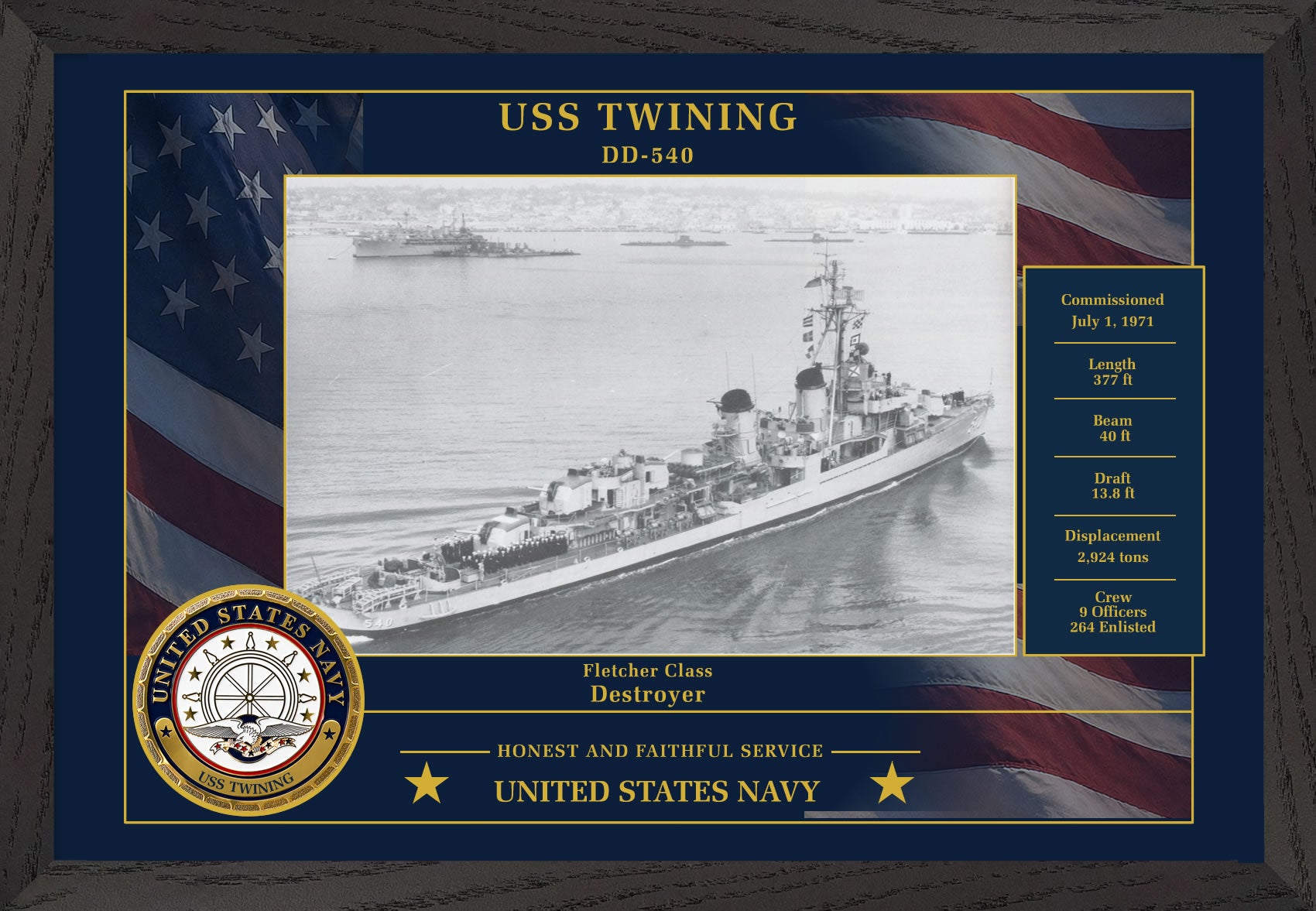 USS Twining DD-540 Framed Patriotic Photo
