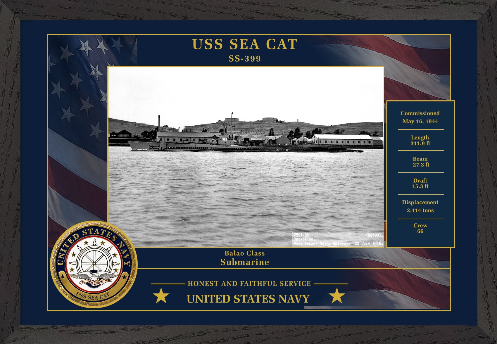 USS Sea Cat SS-399 Framed Patriotic Photo