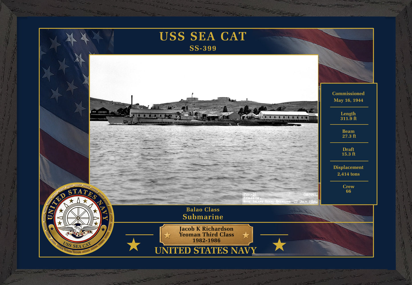USS Sea Cat SS-399 Framed Patriotic Photo