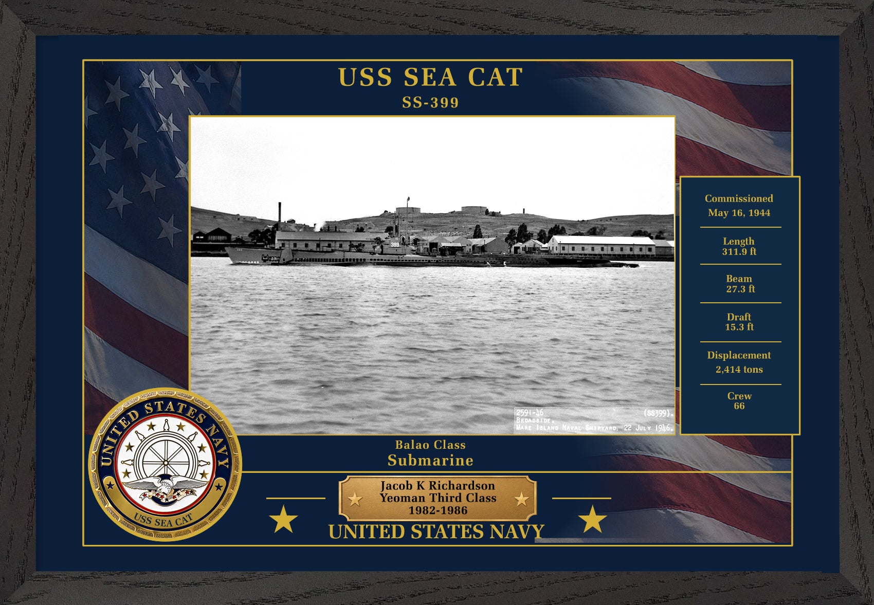 USS Sea Cat SS-399 Framed Patriotic Photo