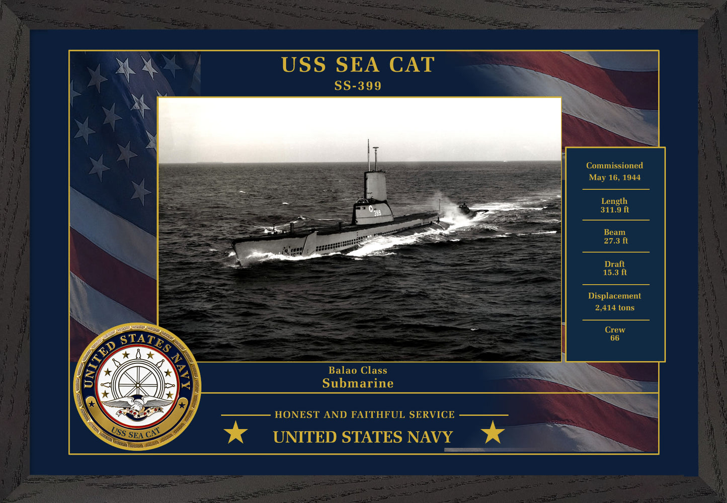USS Sea Cat SS-399 Framed Patriotic Photo