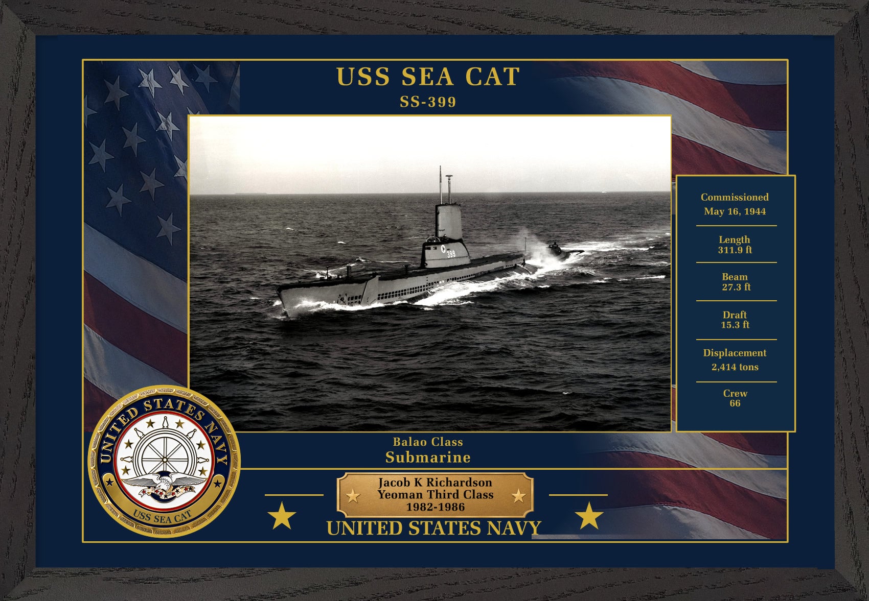 USS Sea Cat SS-399 Framed Patriotic Photo