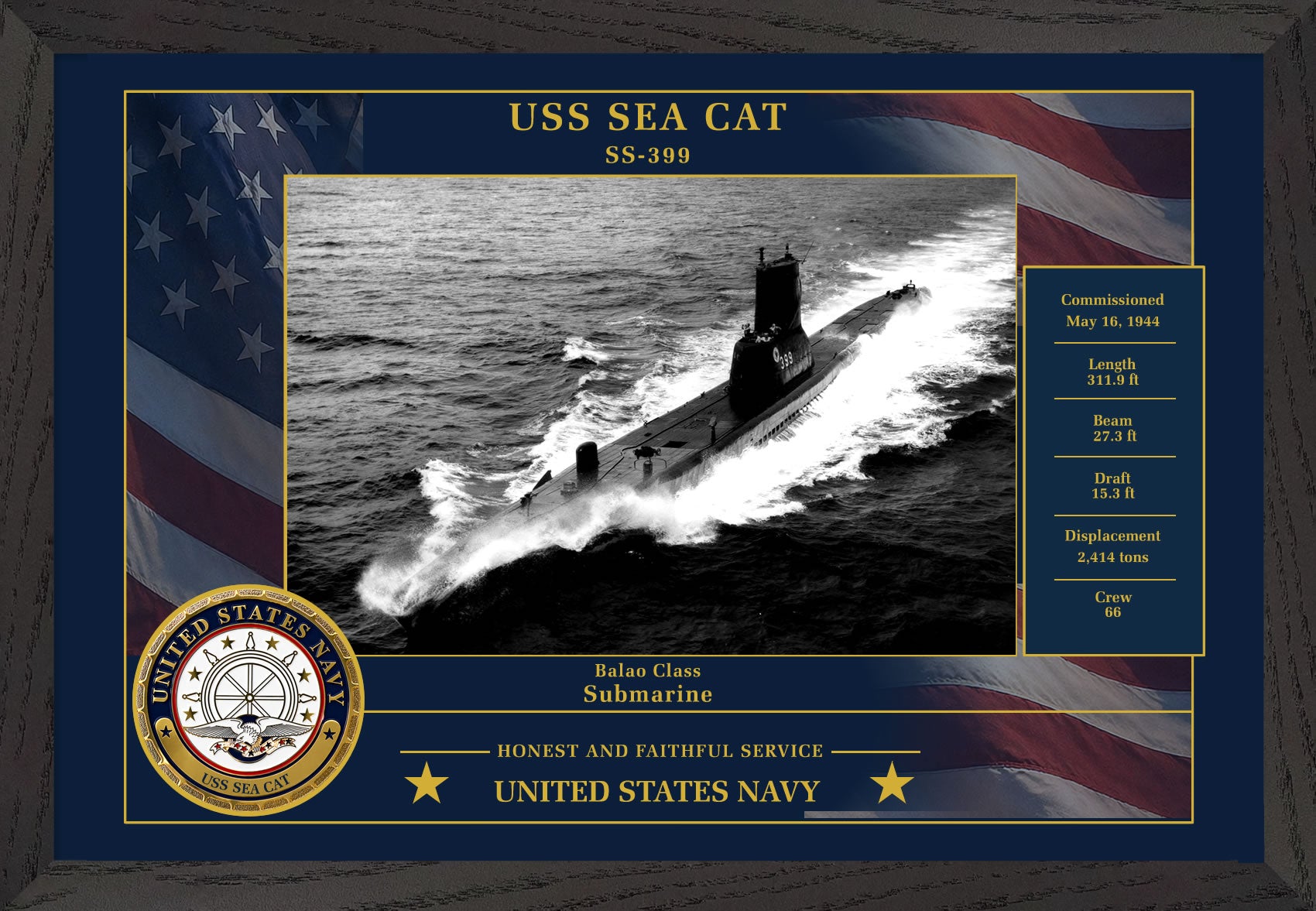 USS Sea Cat SS-399 Framed Patriotic Photo