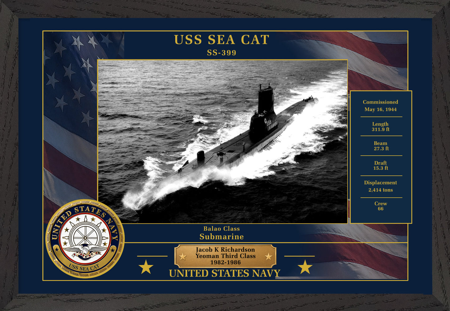 USS Sea Cat SS-399 Framed Patriotic Photo