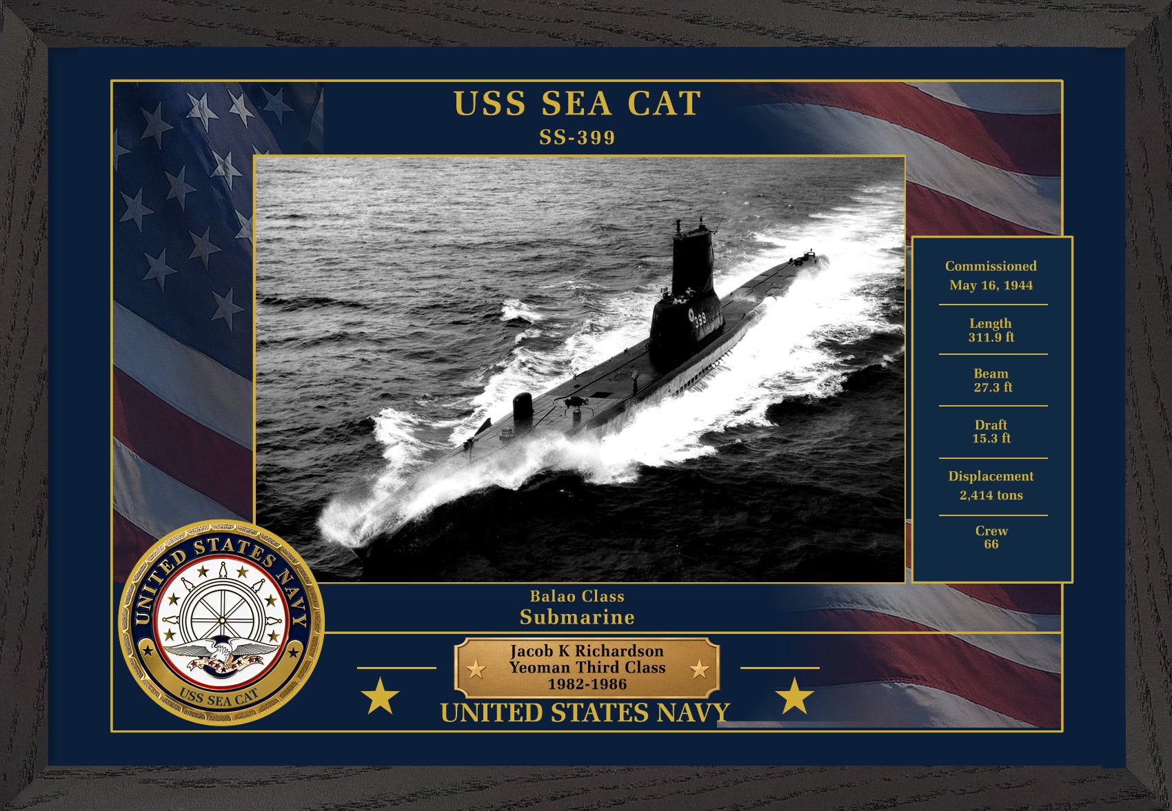 USS Sea Cat SS-399 Framed Patriotic Photo