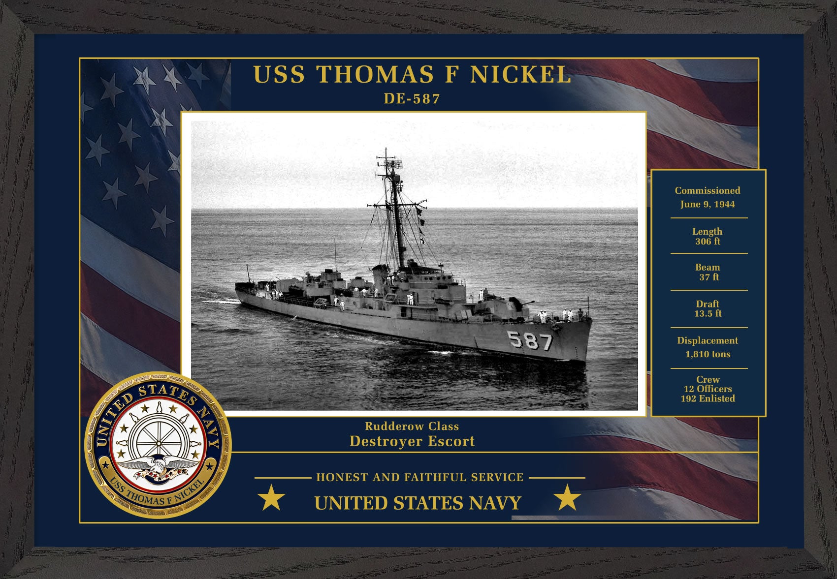 USS Thomas F Nickel DE-587 Framed Patriotic Photo
