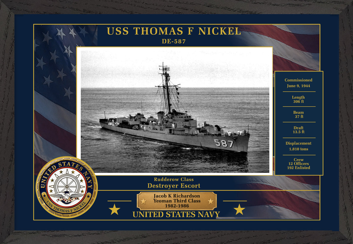 USS Thomas F Nickel DE-587 Framed Patriotic Photo