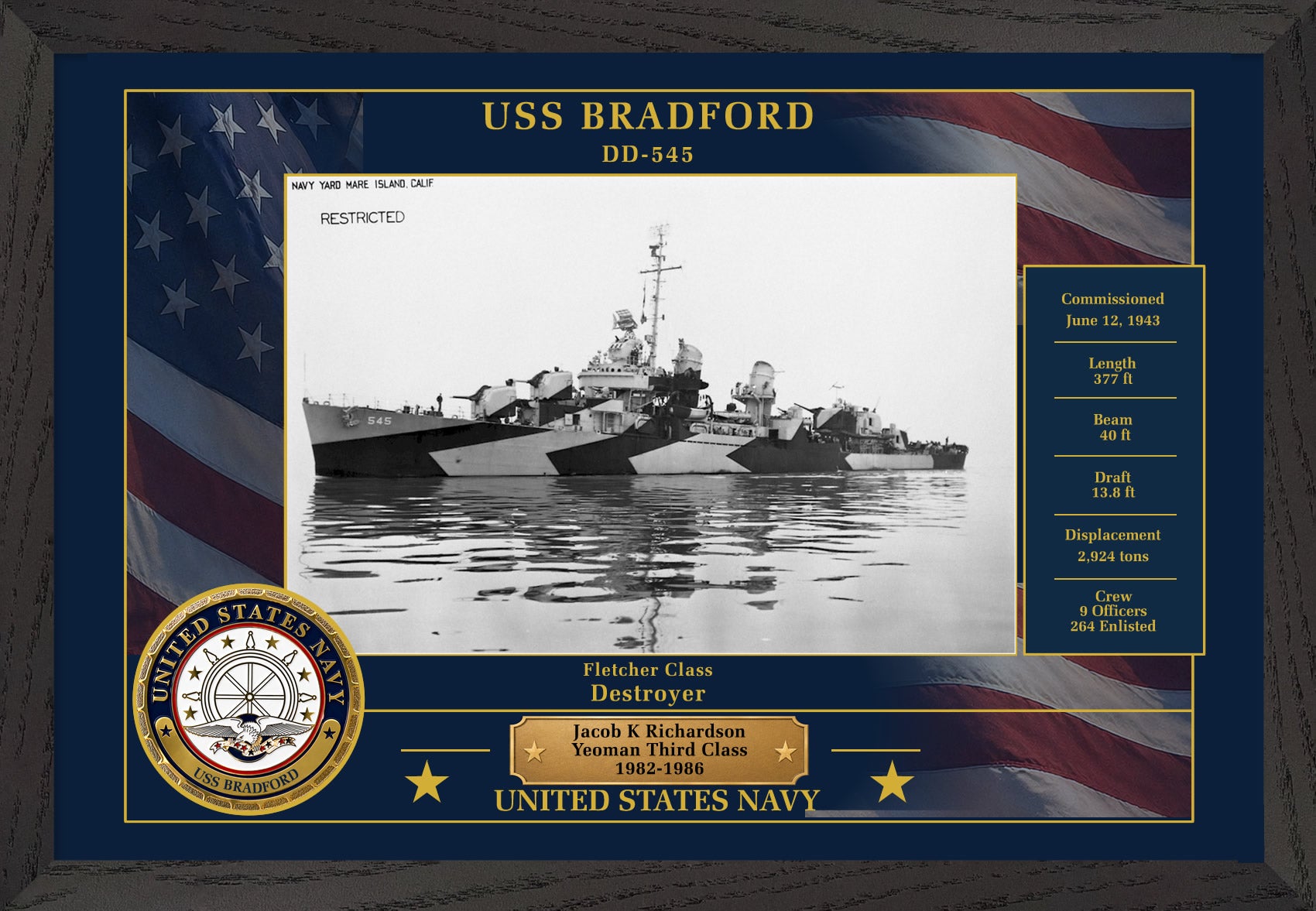USS Bradford DD-545 Framed Patriotic Photo