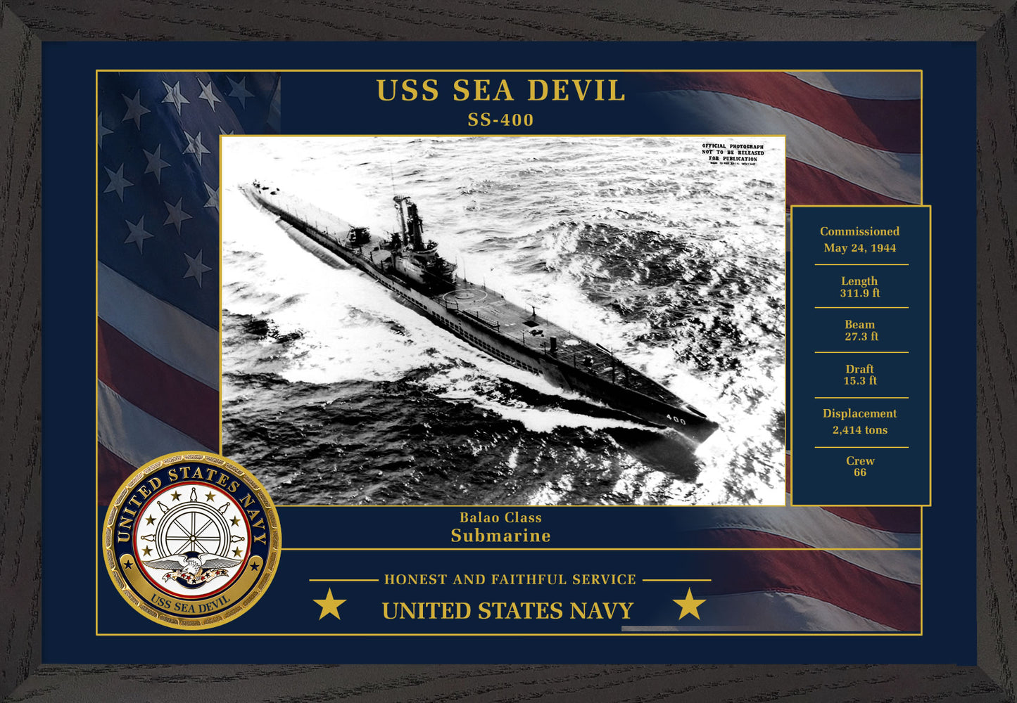 USS Sea Devil SS-400 Framed Patriotic Photo