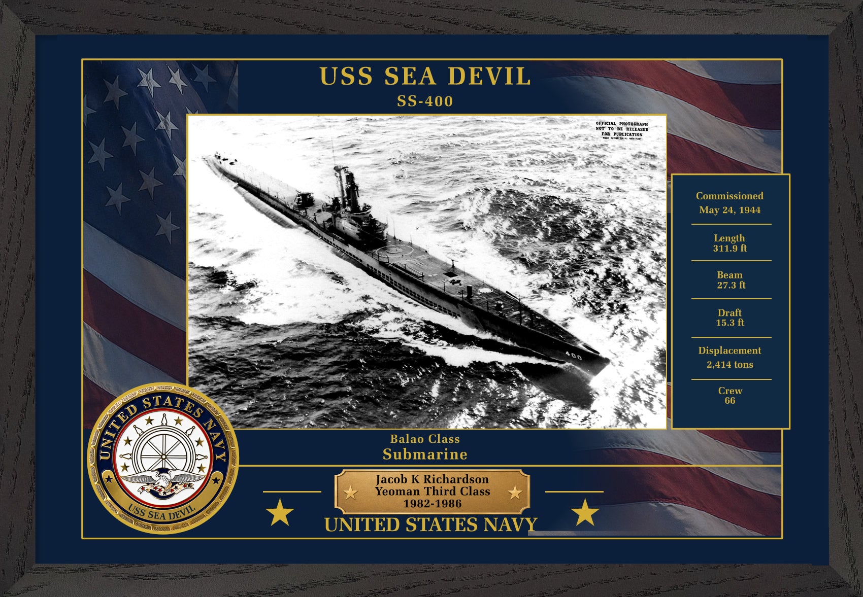 USS Sea Devil SS-400 Framed Patriotic Photo