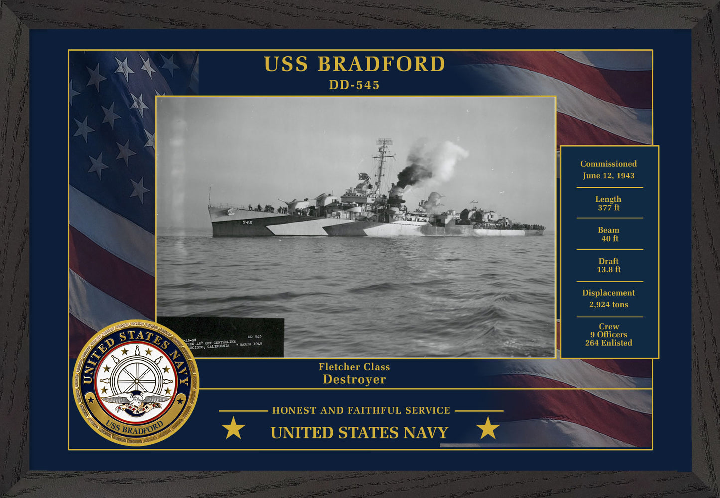 USS Bradford DD-545 Framed Patriotic Photo